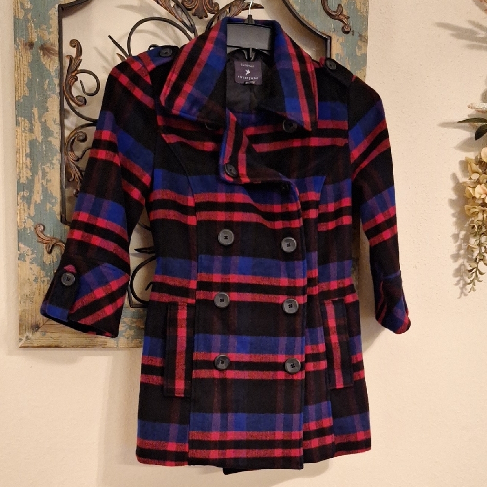 🔥🔥CLEARANCE🔥🔥 Forever 21 Chic Double-Breasted Plaid Pea Coat. Size Small - Picture 4 of 11